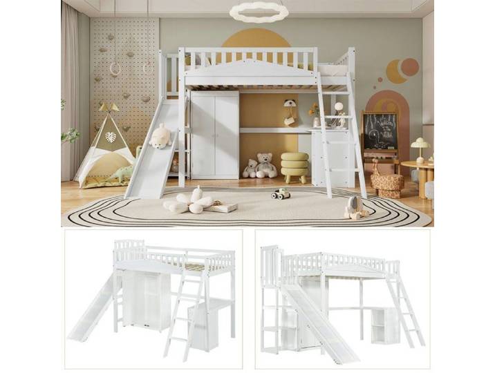 Lit mezzanine - LANGTU - Lit mezzanine 90x200 - avec toboggan - bureau et armoire - Blanc
