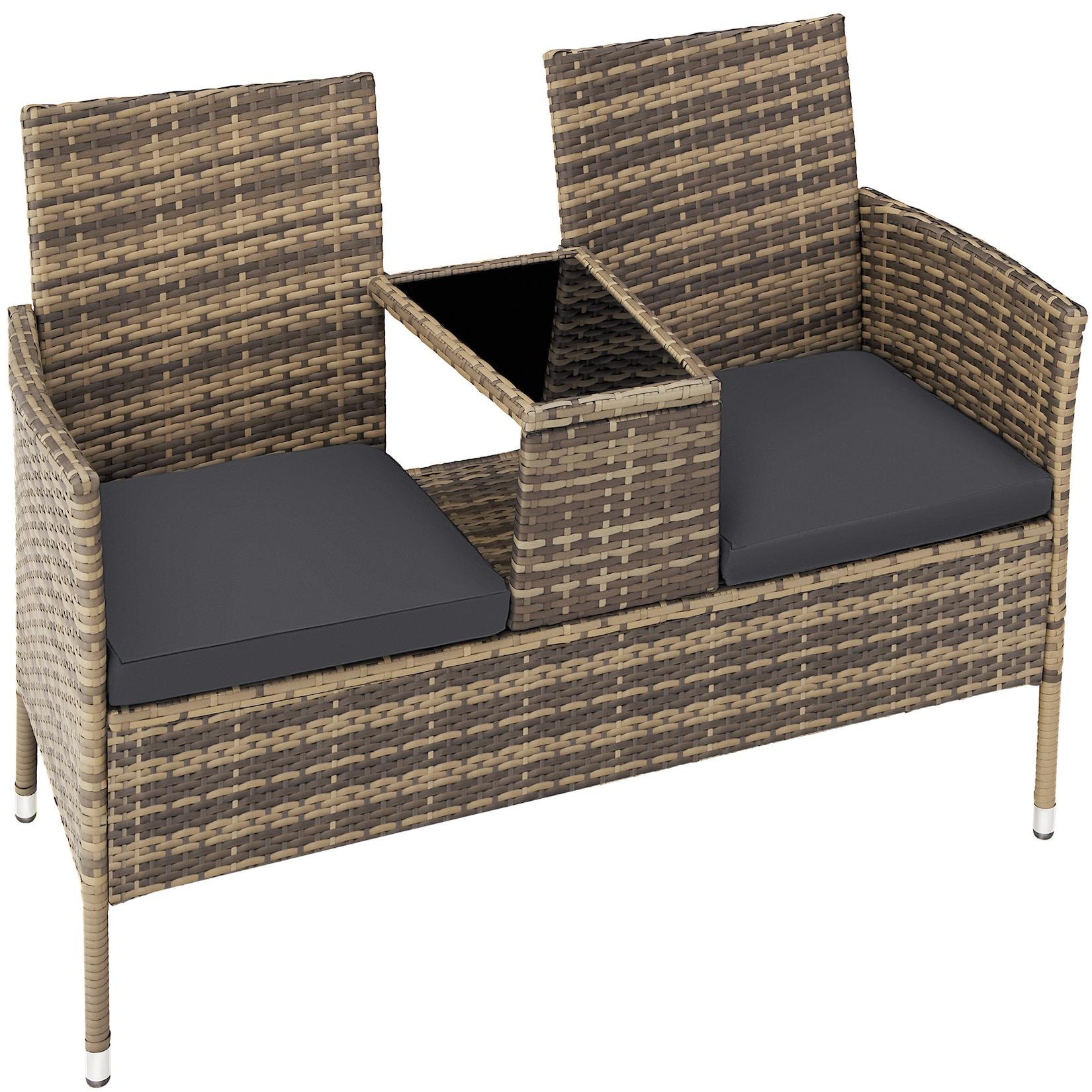tectake® Rattan Gartensitzbank, 2-Sitzer, 133 x 63 x 84 cm, UV-beständiges Rattangeflecht, 6 cm Sitzpolster