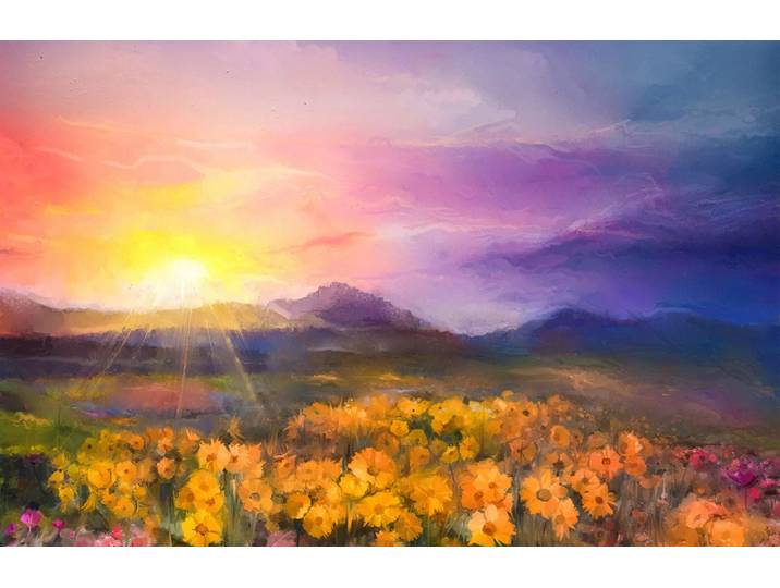 Fototapete PAPERMOON GÄNSE BLÜMCHEN BLÜTEN-MALEREI WIESE GEBIRGE SONNE WOLKE , bunt, B:2m L:1,49m, Vlies, Tapeten, Fototapete