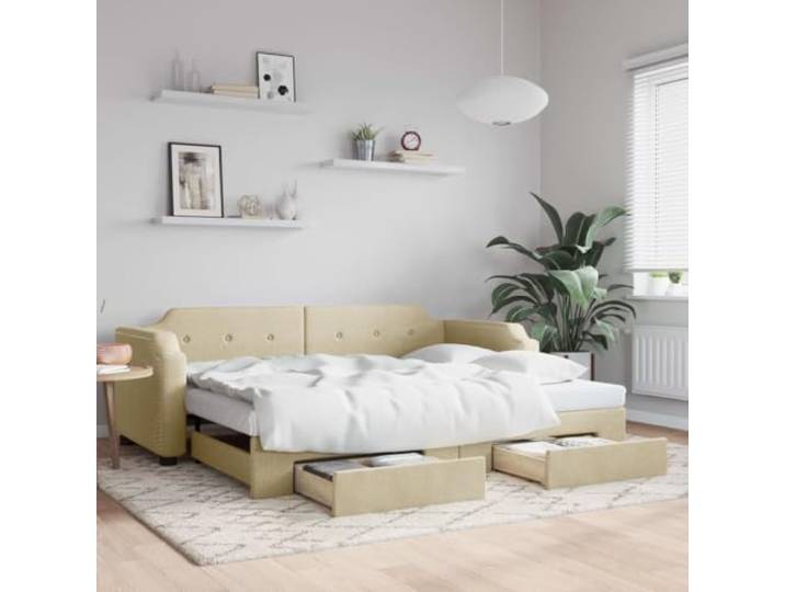 RJPLMFV 2-in-1-Tagesbett mit Ausziehbett und Schubladen, cremefarben, 90 x 200 cm