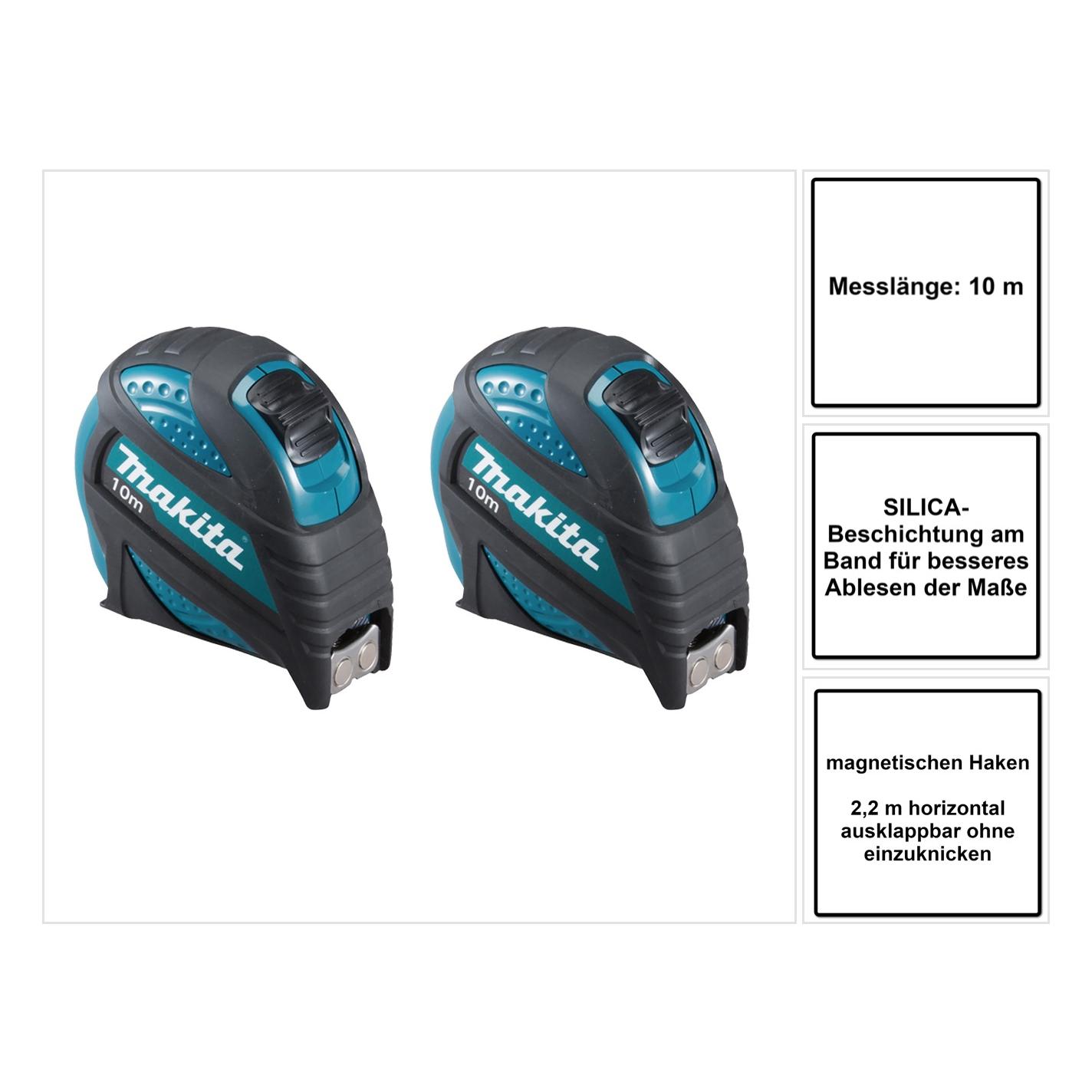 Makita 2x B-57168 Massband 10 m Rollbandmass mit magnetischen Haken (10 m) (B-57168)