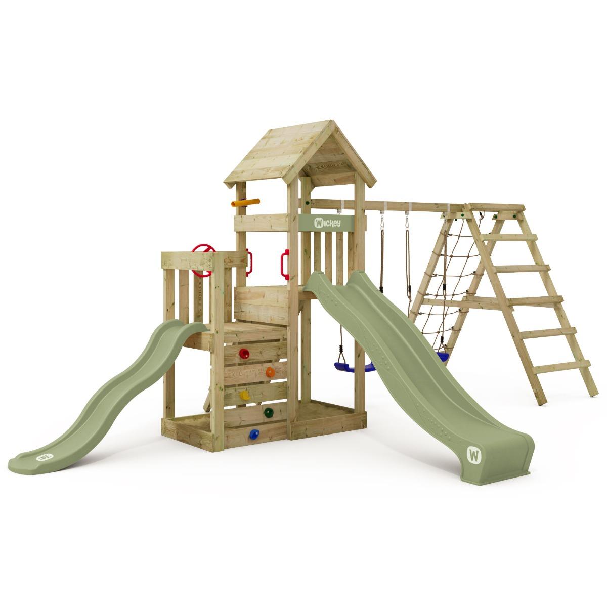 Spielturm SkyFlyer mit Rutsche - Massivholz Kletterturm für Kinder mit Kletterwand und Sandkasten - Stabiler Garten-Spielplatz für Abenteuer - Wickey