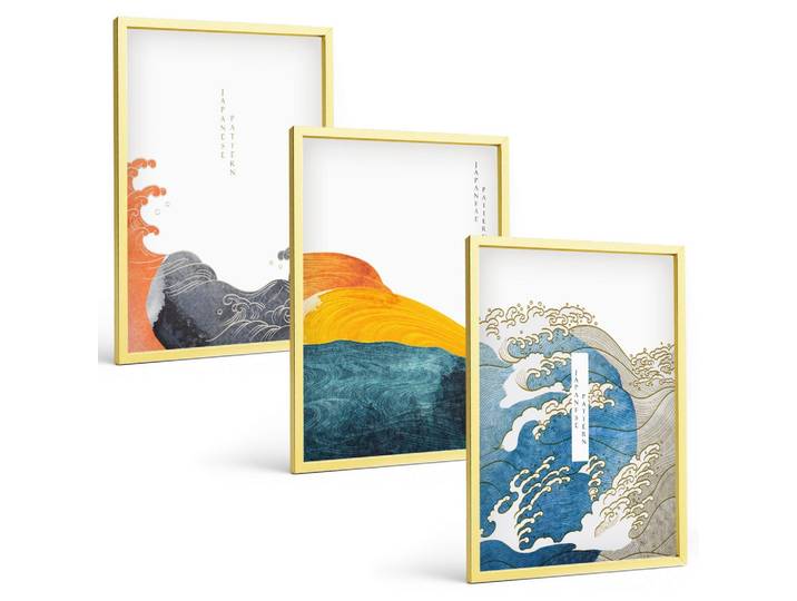 BILDER SET 3er Set - 40x60 cm Goldrahmen - Wellen des japanischen Grafikstils