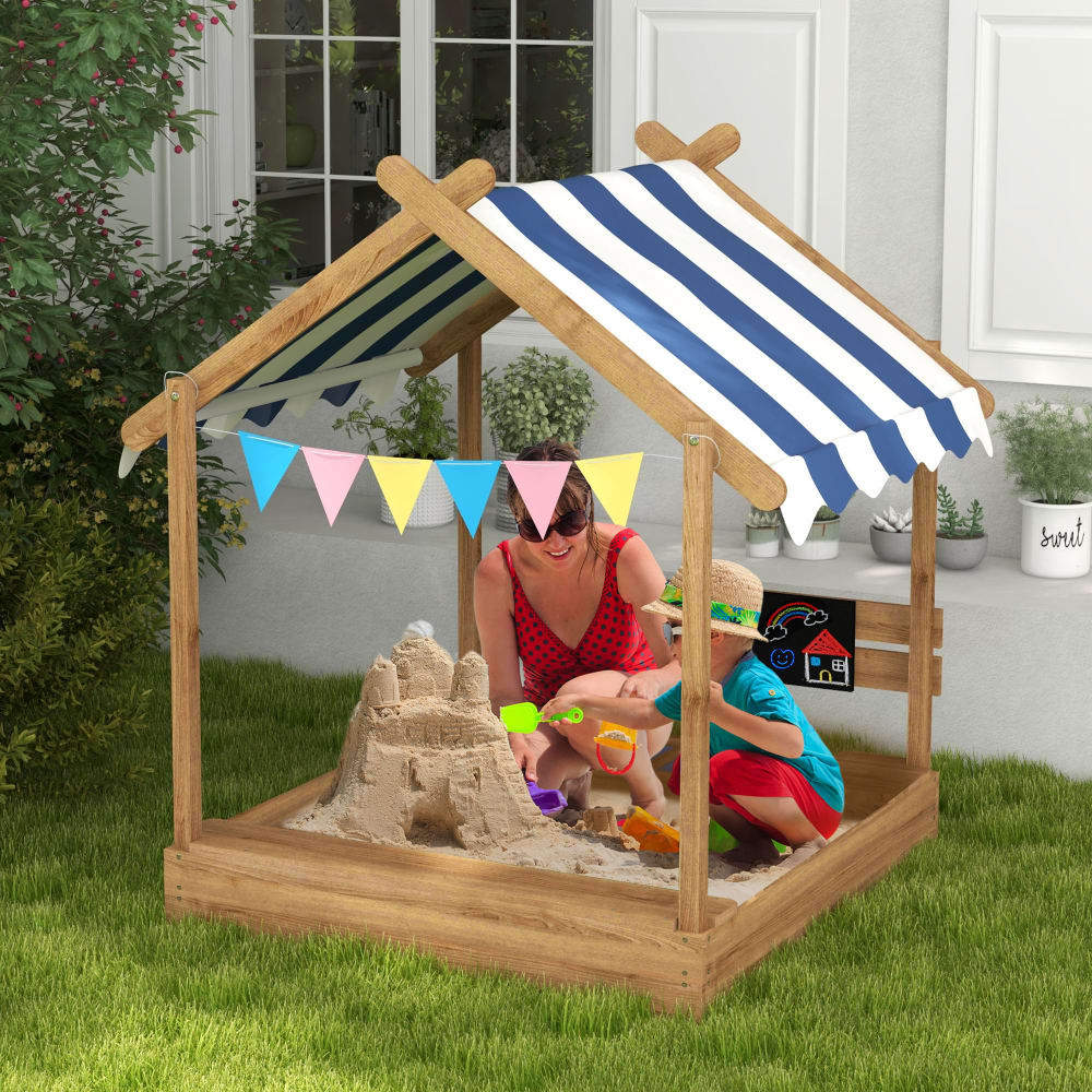 Outsunny Bac à sable bois design maison auvent 2 bacs évier tableau noir fanion Marron 124x146x116cm