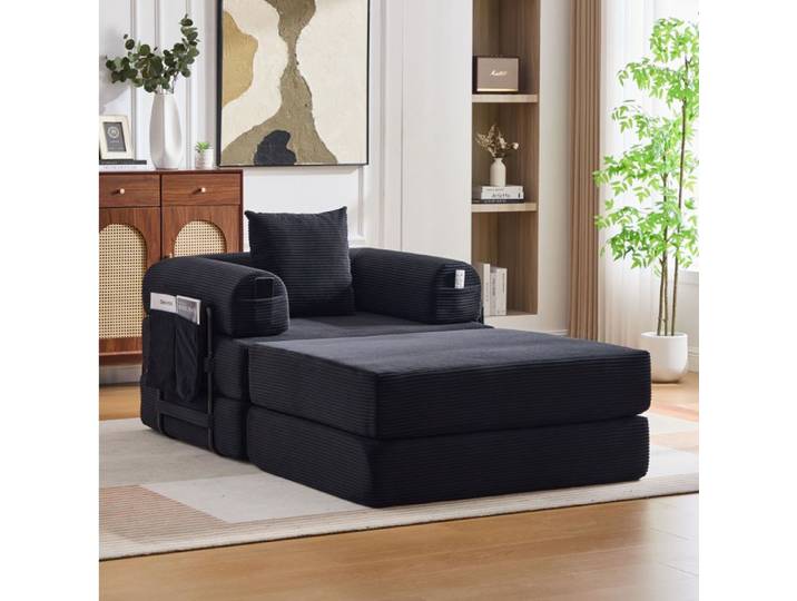 VUENOR fauteuil modulable compressé 1 place noir avec pouf et coussin