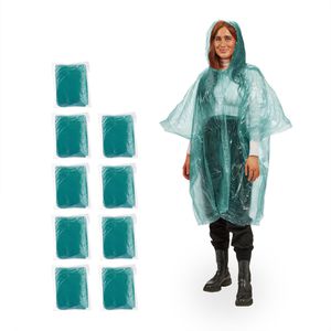 Relaxdays Regenponcho Länge 95 cm, Einweg, 10 Stück, mit Kapuze, grün, wasserabweisend