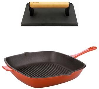 "BergHOFF Neo 2pc Cast Iron 11"" Grill Pan with Steak Press, Orange"