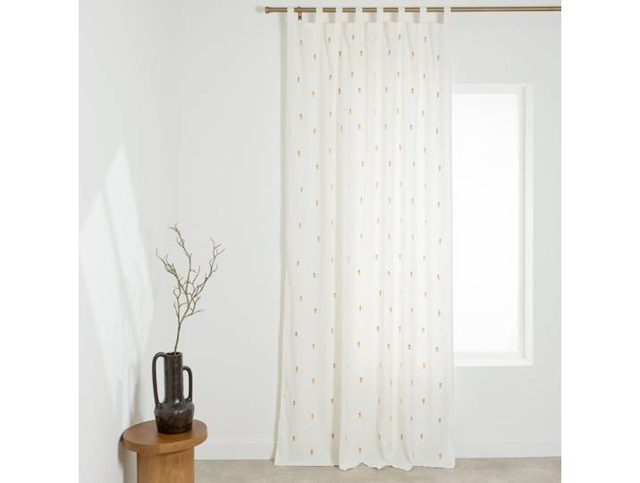 Rideau à pattes en coton blanc motifs jacquards ocres et terracotta, 140x250 cm (vendu à l'unité)