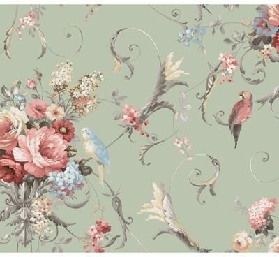York Wallcoverings Eucalyptus Parrots with Floral Bouquets Peel and Stick Wallpaper