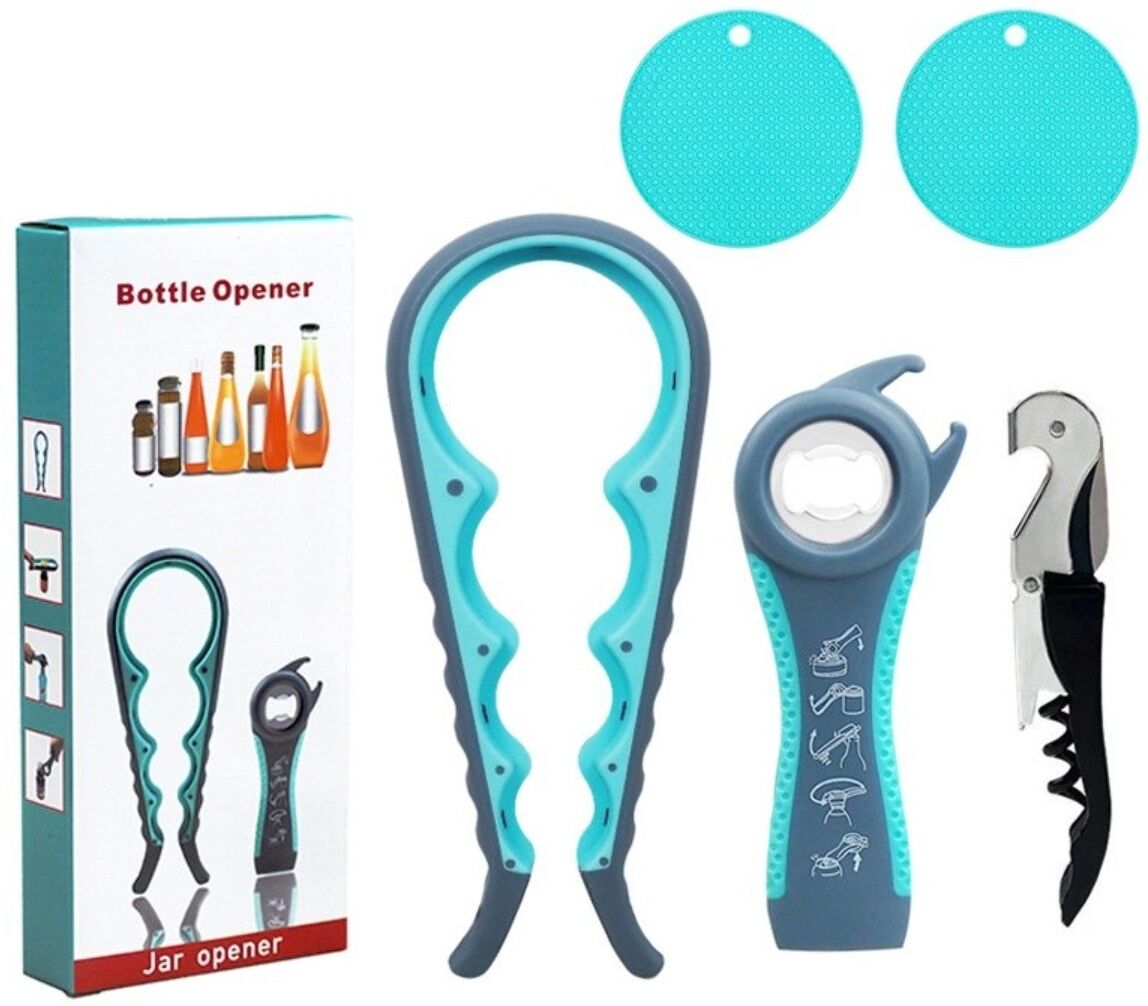 INF 5-in-1 Mehrfachöffner - Glas-, Dosen-, Flaschen- und Ringzieher-Öffner, PP+Silikon+Edelstahl, ergonomischer Blau + Grau