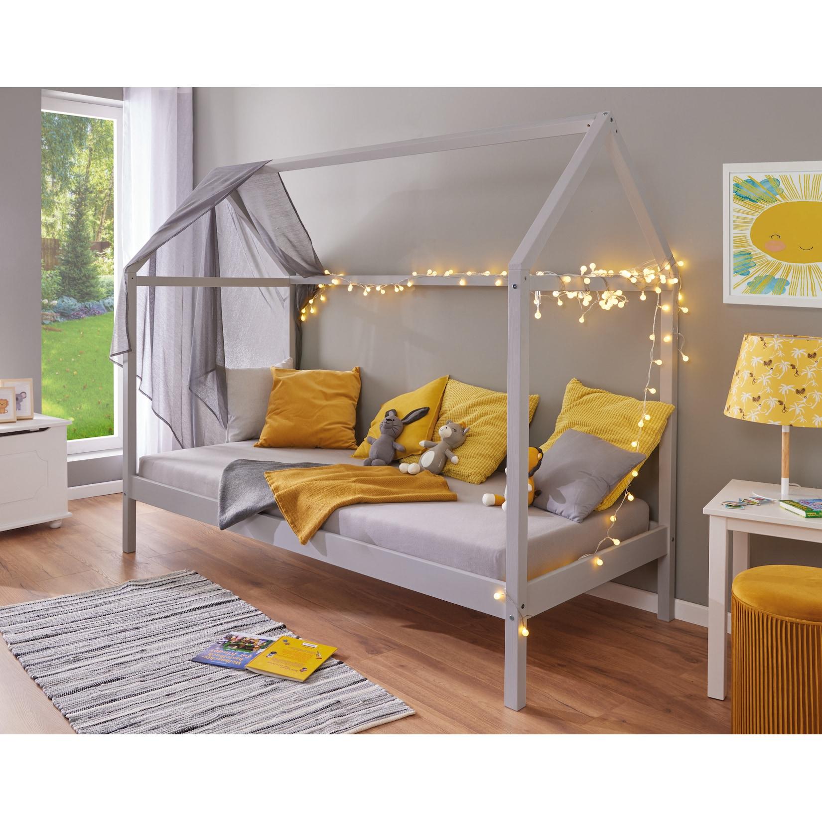 Inter Link Kinderbett Hausbett Sunroad 90x200 cm in Kiefer Massivholz - Hellgrau