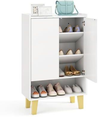 Costway 5-Tier Shoe Cabinet with Faux Marble Countertop and Flat Tilting Shelves-White