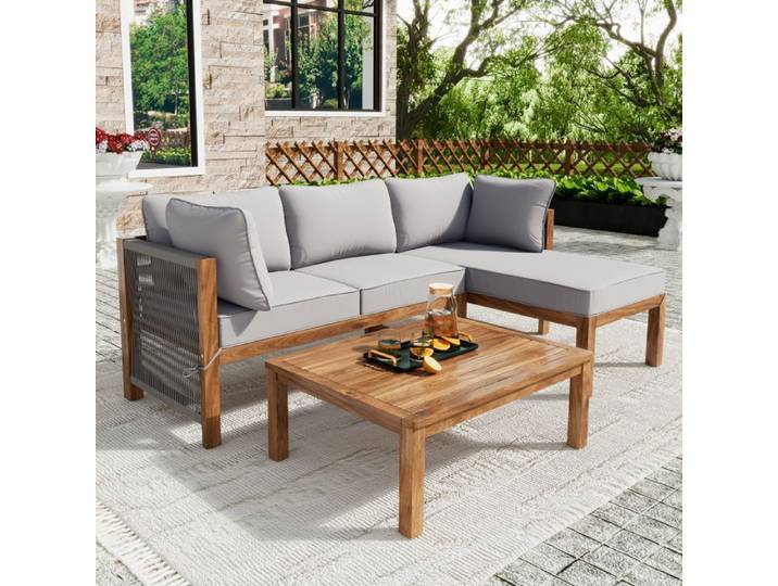 Salon de jardin extérieur - Ensemble de 3 - Forme en L - 6 places - Gris clair