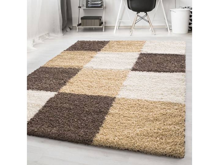 Tapis - NAZAR RUGS - ODDA - Shaggy - Damier - Marron - 120x170 cm