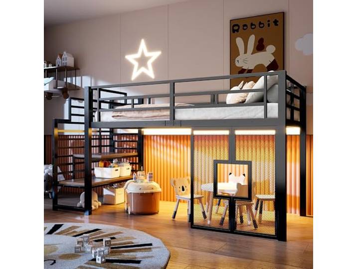 BTM Jugendbett 90 x 200 cm Metall Hochbett mit Schreibtisch, LED-Beleuchtung, Kinderbett mit Treppe, Einzelbett mit Stauraum, Schwarz