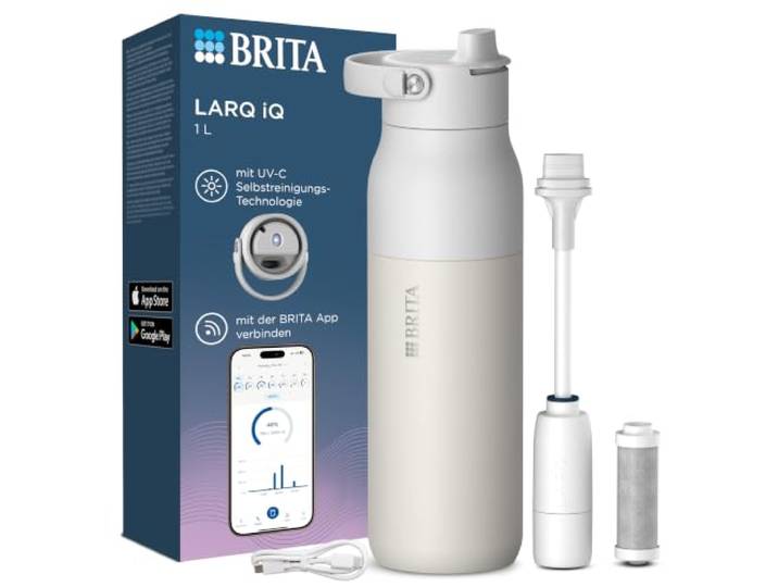 BRITA LARQ iQ Digitale Edelstahl Trinkflasche mit Wasserfilter (1000 ml) Weiß, Hydration Tracking (BRITA App), Strohhalm, Aktivkohle Filter, UV-C, neutralisiert 99,99% Bakterien, filtert PFAS