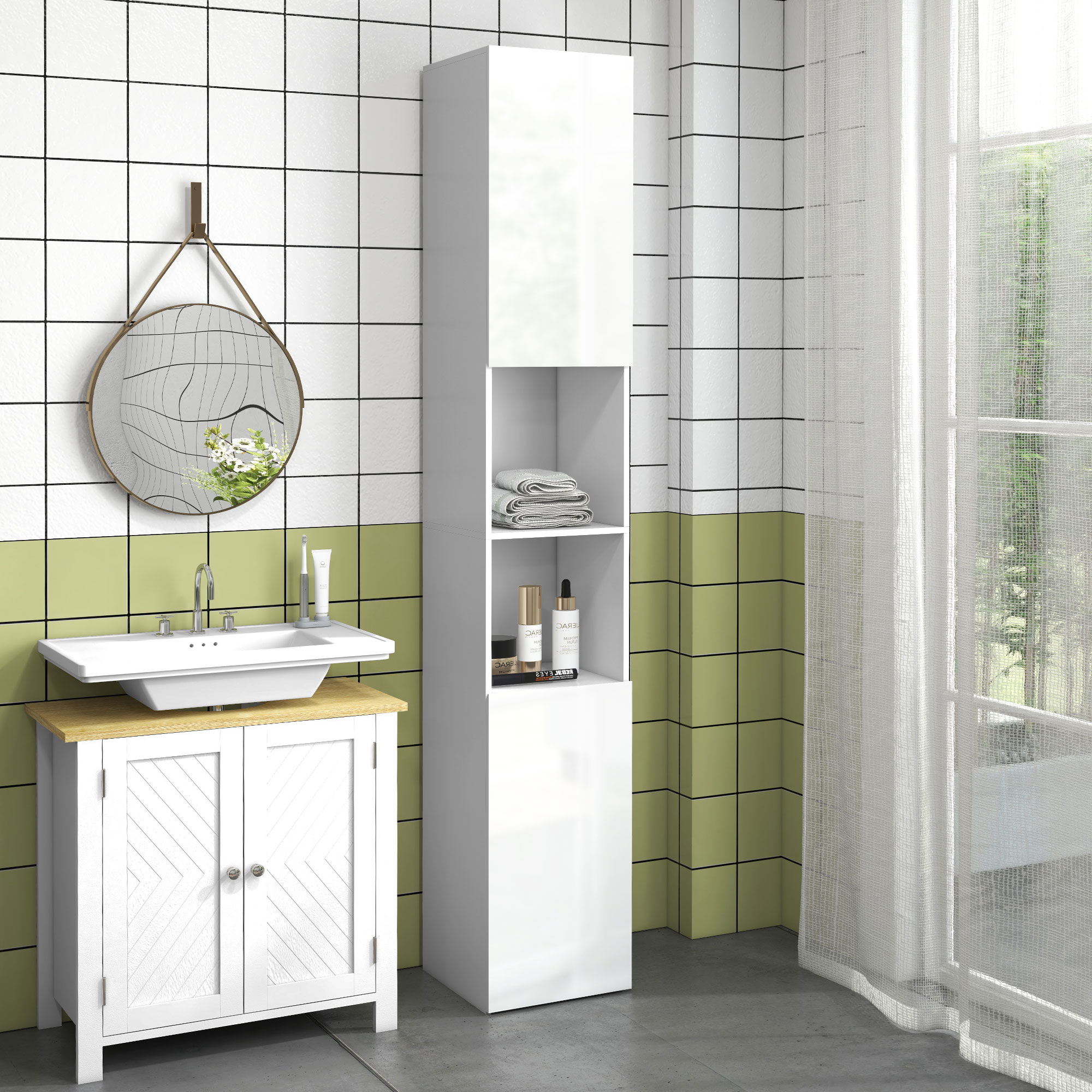 Kleankin Colonna bagno slim con ripiani e 2 armadietti, 30x30x181,5 cm, bianco   Aosom Italy