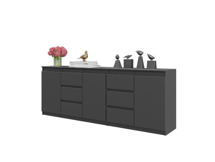 MIKEL - Ensemble commode 6 tiroirs et 3 portes - Commode de chambre à coucher Rangement Sideboard - Anthracite H75cm L200cm P35cm