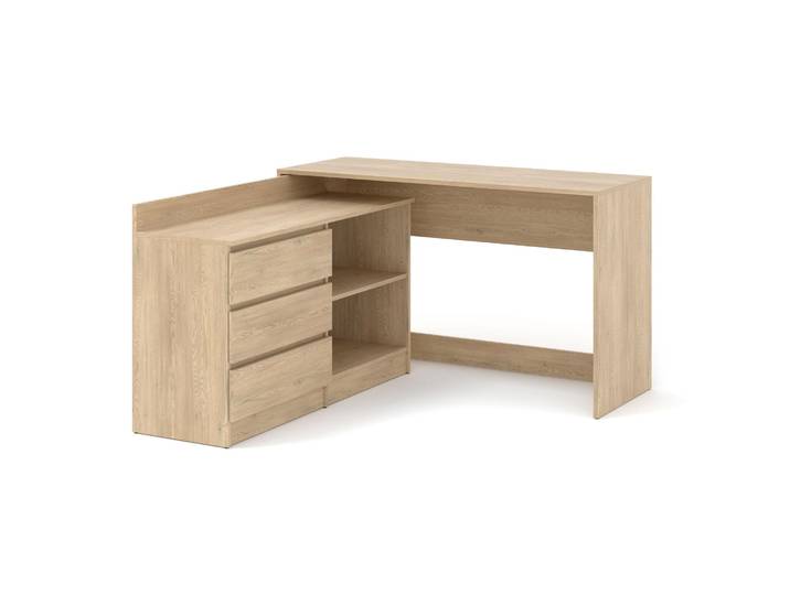 Bureau d'angle Homlando\, dimensions 130 x 120 cm\, extensible\, avec commode à 3 tiroirs\, finition chêne crémona