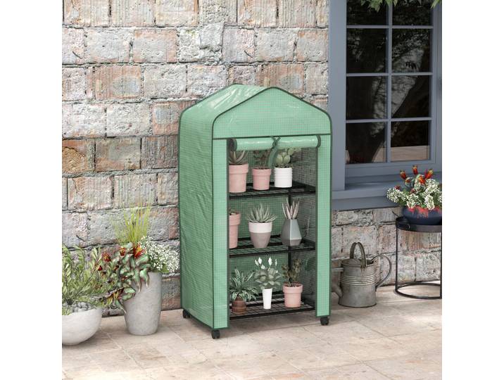 Outsunny Mini Serre 3 Étagères Bâche PE 4 Roulettes