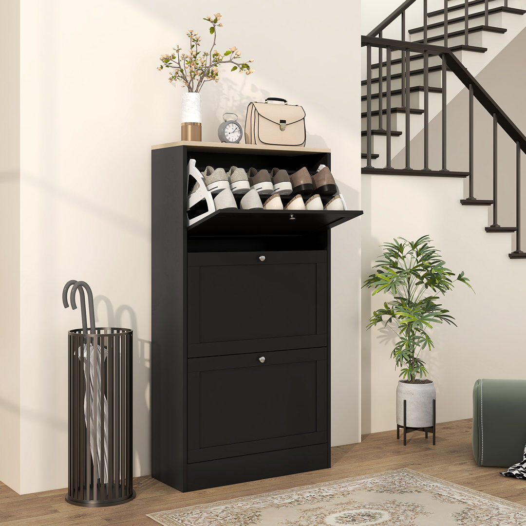 Ebern Designs HOMCOM Narrow Shoe Cabinet w/ 3 Flip Drawers for 12-18 Pairs of Shoes Black Black 18