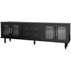 Merax Lowboard, TV-Möbel im Retro-Stil, goldene Griffe, viel Stauraum,  Mit Glastür und Beinen aus Massivholz , Schwarz