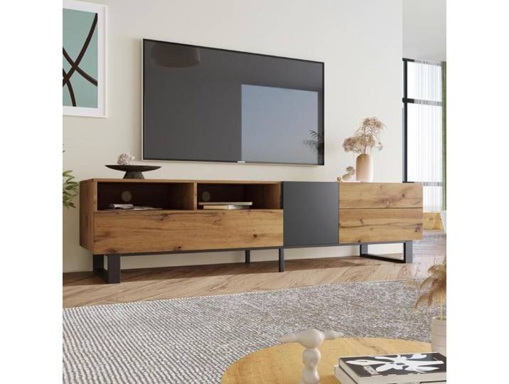 Meuble TV Armoire TV avec panneaux courts Console TV rustique Bloc de couleurs grain de bois 180 cm