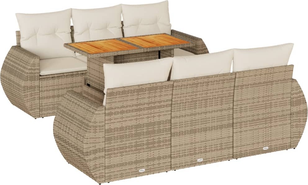 Modulares 7-tlg. Gartenmöbel-Set, Sofa-Garnitur mit höhenverstellbarem Tisch, Poly Rattan Beige, Stauraum, Kissen Cremeweiß