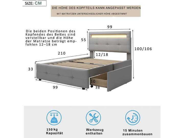 Feuille épaissie Structure de lit Deuxième génération épaissie et accueillante couleur 90 * 200cm lit rembourré avec lumière LED