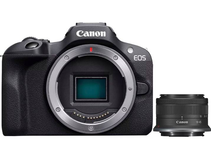 CANON Systemkamera EOS R100 + RF-S 18-45mm F4.5-6.3 IS STM Kit , schwarz, B:11,63cm H:8,55cm T:6,88cm, Fotokameras, Systemkamera