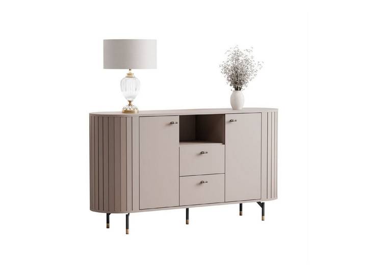 yourhouse24 Kommode LINNEA 150cm 2D2S Runde Ecken Lamellen Kaschmir/Schwarz