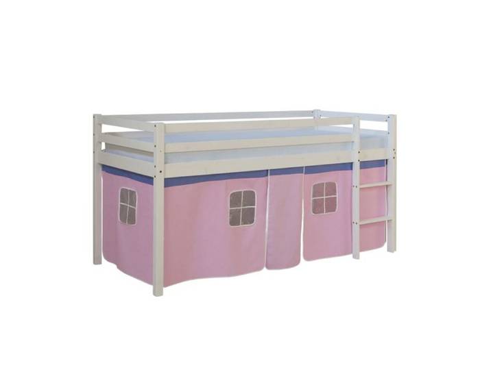 Lit mi-hauteur enfant - HOMESTYLE4U - HomeStyle4U 1456 - Pin - Avec échelle - Rideau rose 90x200