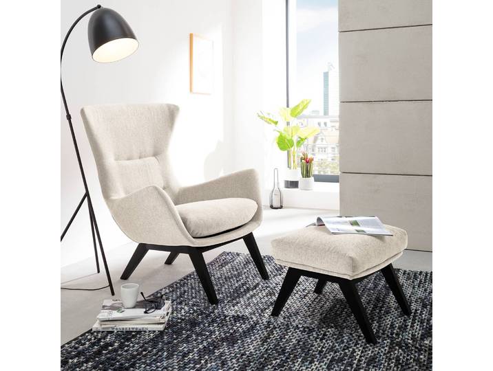 Repose-pieds avec pieds en bois 54 x 41 x 41cm Beige Noir Tissu Saia: Beige