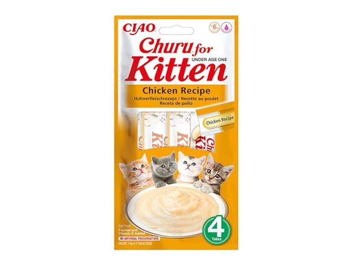 INABA Churu kattensnacks voor kittens - gezonde traktaties voor jonge katten tot 12 maanden, kip (4 stuks x 14g)