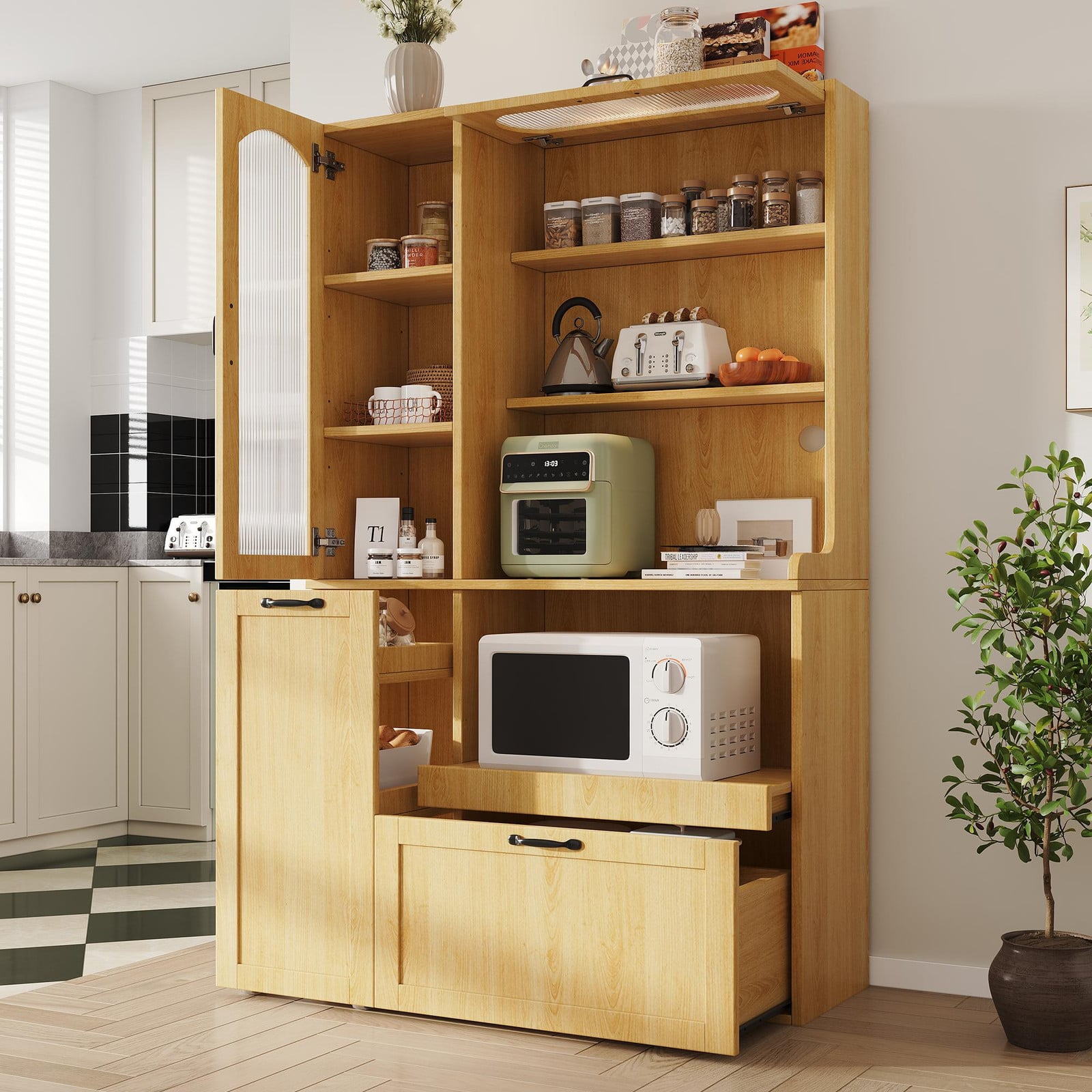 Merax Keukenkast met multifunctionele lades en geribbeld glas, hoge kast voor keuken, eetkamer of woonkamer