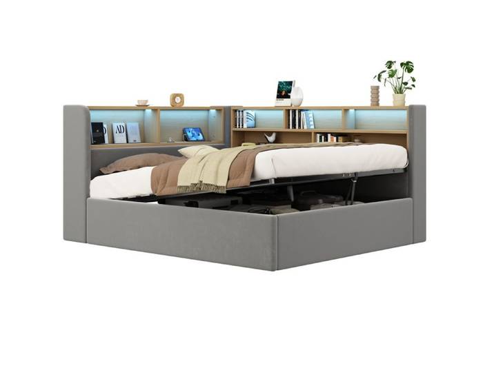 COVREO Lit banquette 140 x 190 cm coffre hydraulique velours gris LED USB et USB-C