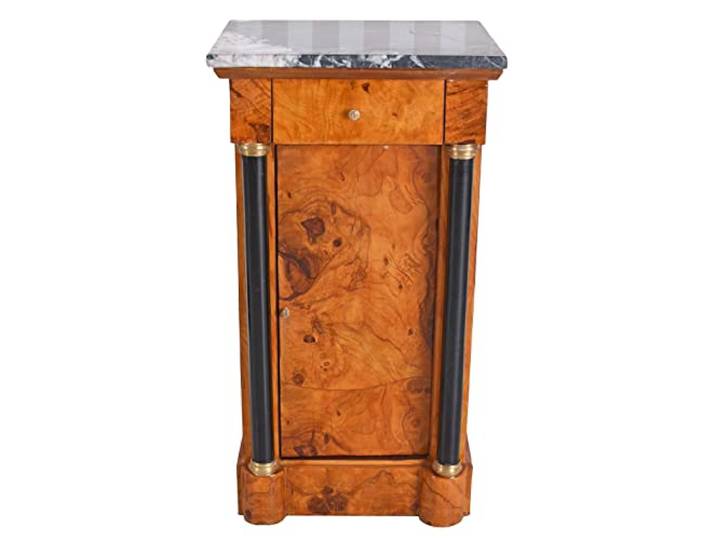 PALAZZO INT Regency Nachtschrank „Villa Jane Austen“ – Biedermeier‐Empire Nachtkommode aus massivem Holz mit Wurzelholz-Furnier, Marmortop, Halbsäulen, Schublade & Tür, H77×B41×T36 cm