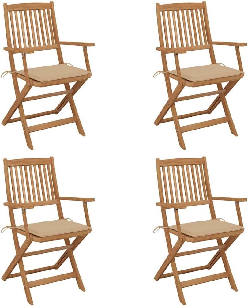 4 klappbare Gartenstühle aus massivem Akazienholz mit Kissen, beige, 22.5 kg