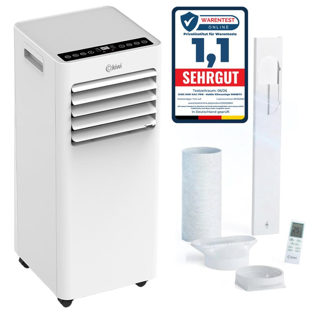 JUNG KIWI KAC-7910 3in1 Mobile Klimaanlage 9000BTU Klimagerät mobil, 990W, Luftkühler, Ventilator, mit Fernbedienung, leise & energieeffizient 65dB