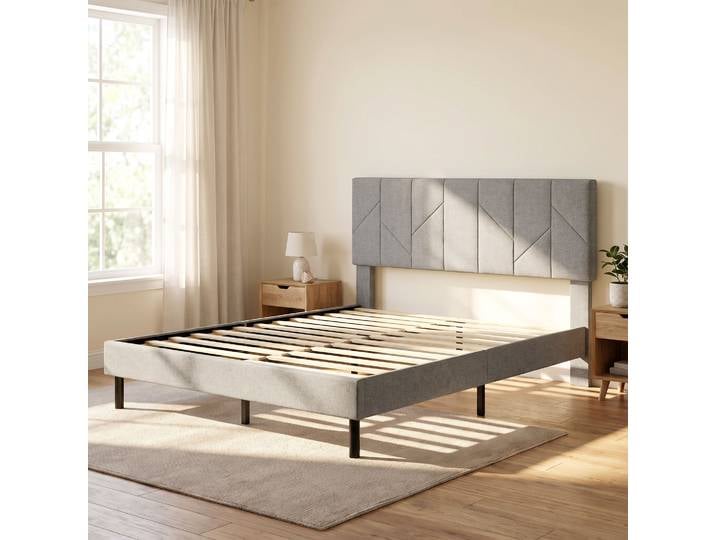 HOMCOM Lit Double 140x190cm Lin Gris Rembourré avec Rangement