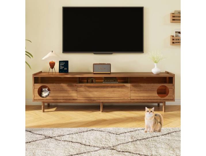 Meuble TV - OEM - Moderne - Éclairage LED - Espace chat - Noyer - 180×40×50 cm