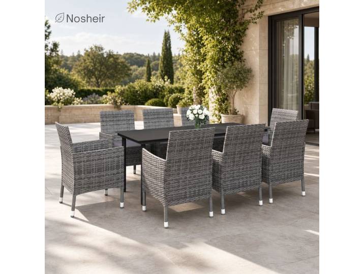 Ensemble repas jardin – Nosheir – Résine tressée grise table verre noir – Extérieur terrasse – 200x100cm