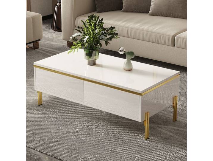 Table Basse Blanc Haute Brillance 100x50x36cm - Élégant Meuble de Salon Chic Moderne avec Tiroirs Double Face et Pieds Métal Doré