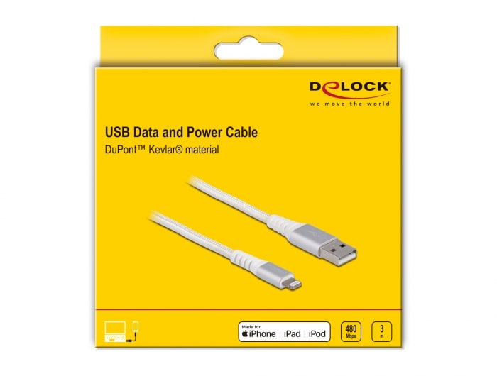 Delock USB Daten- und Ladekabel für iPhone, iPad, iPod DuPont Kevlar weiß 3m