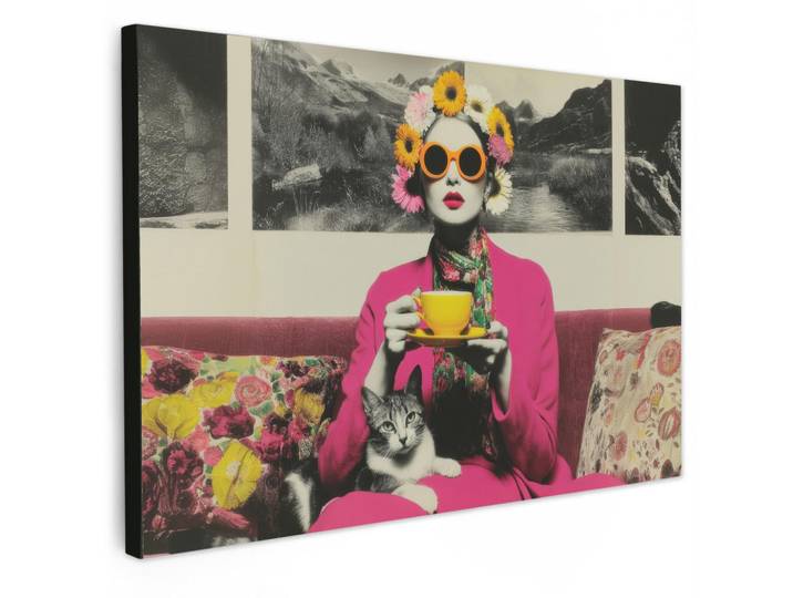 MuchoWow Leinwandbild Frau - Katze - Blumen - Tasse - Retro Groß 140x90 cm, Magenta, Kiefer, Rechteckig, 140x90 cm, gerahmt, Bilder & Rahmen, Bilder, Leinwandbilder