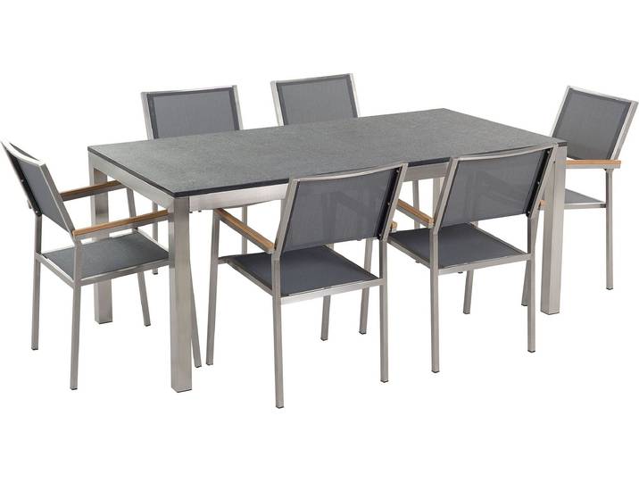 BELIANI Gartenmöbel Set Schwarz Granit Edelstahl Tisch 180 cm Geflammt 6 Stühle Terrasse Outdoor Modern