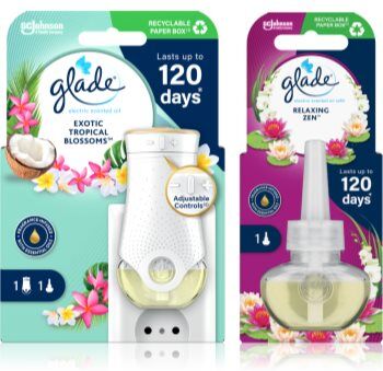 Glade Electric scented oil Exotic Tropical Blossom + Relaxing Zen formato poupança 3 un.. Electric scented oil Exotic Tropical Blossom + Relaxing Zen