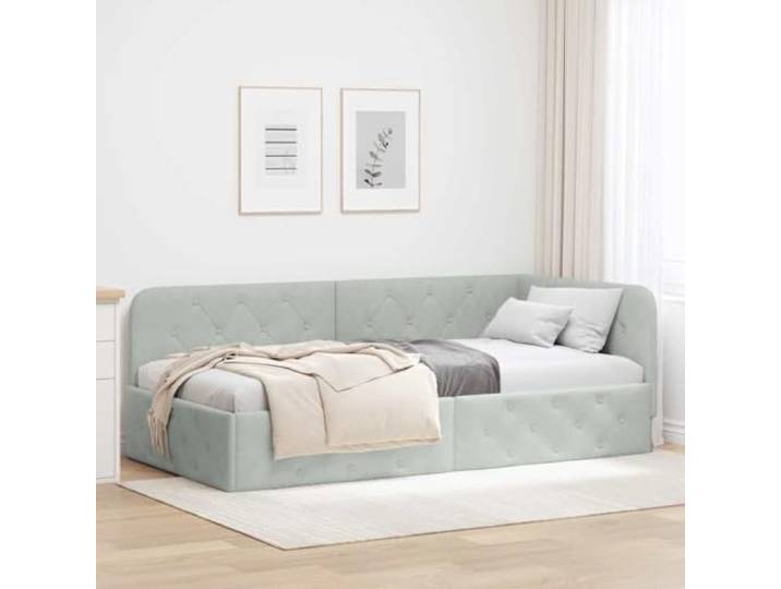 YNGBHFNOP Samt Eckrahmen L Design Plattform 90 x 190 cm Hellgrau Eckbettgestell mit Kopfteil Hellgrau 90x190 cm Samt Sofa Bett L-Form Polsterbett mit Lattenrost Stabil