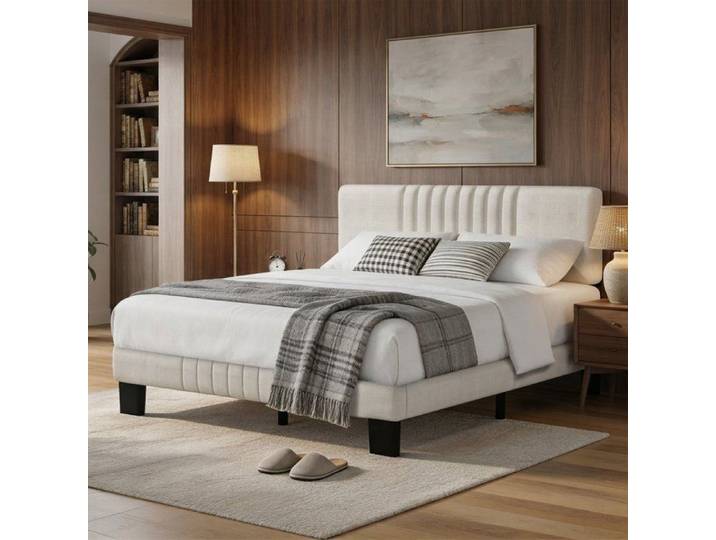YIDATONG –Lit double 140x190 cm –Tissu lin beige –Tête de lit rembourrée ajustable – Sommier à lattes –Structure robuste