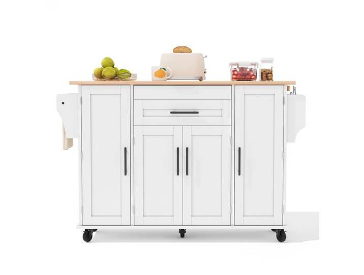Îlot central de cuisine mobile - Blanc et naturel - plan de travail extensible 70 cm
